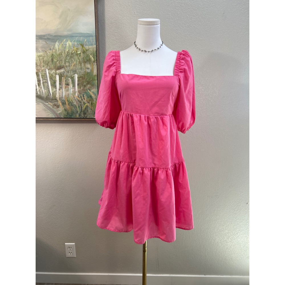 Pink Puff Sleeve Tie Back Tiered Babydoll Mini Dress Size Medium
